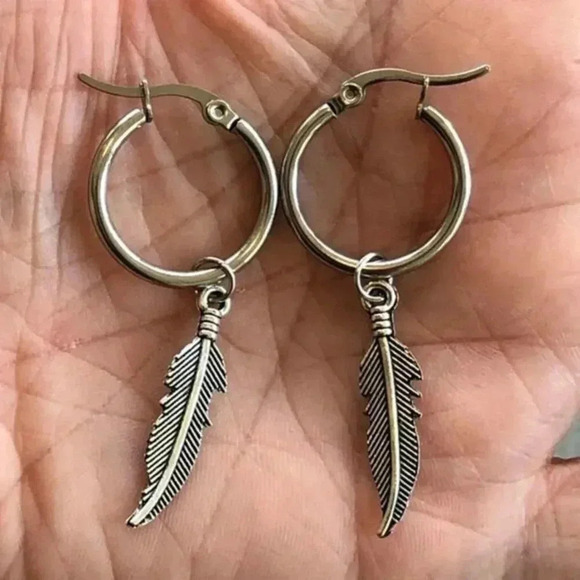 Mama Bling Other - Feather Native Hoop Silver Stud Stainless Steel Earrings NWT New